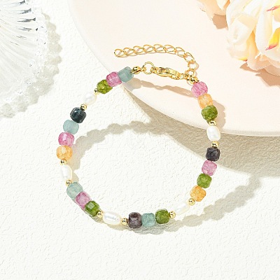 Natural Multicolor Tourmaline & Brass Beaded Bracelets for Women BJEW-JB13959-1
