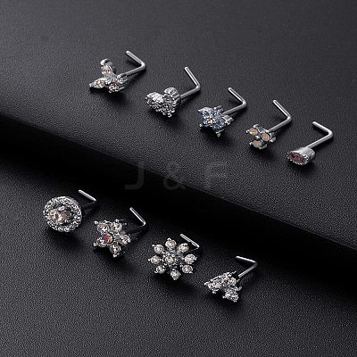 316L Surgical Stainless Steel Clear Cubic Zirconia L-Shaped Nose Rings WG135CD-12-1