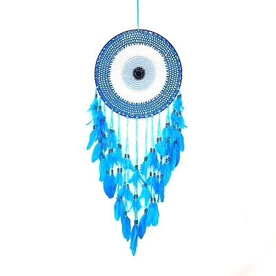 Iron & Cotton Evil Eye Woven Net/Web with Feather Hanging Decorations PW-WGADB0C-01-1