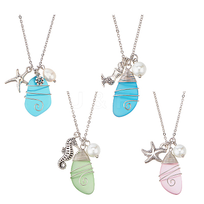 4Pcs 4 Style Twist Teardrop Glass & Alloy Ocean Theme Pendant Necklaces Set NJEW-AN0001-57-1