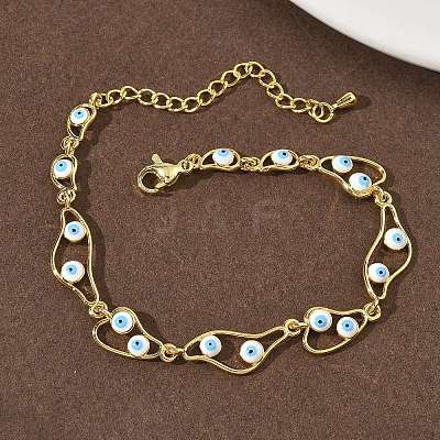 Brass Enamel Flat Round Evil Eye Link Chain Bracelets for Women BJEW-G764-01G-03-1