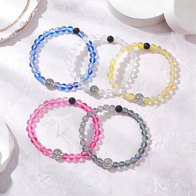 5Pcs Frosted Synthetic Round Moonstone Beads Stretch Bracelets for Men Women BJEW-JB11644-1