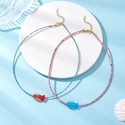 2Pcs 2 Colors Handmade Foil Lampwork Fish & Natural Apatite & Rhodonite Faceted Round Beaded Necklaces for Women NJEW-JN05536-1