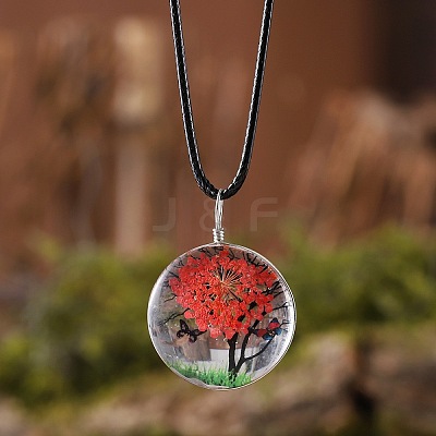 Flat Round Glass with Dried Flower Tree Inner Pendant Black Waxed Cord Necklaces FS-WG87A6D-18-1