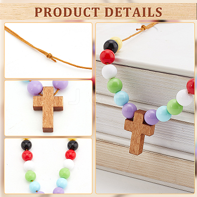 Wood Cross with Acrylic Beaded Pendant Necklaces for Women NJEW-AB00014-1