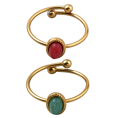 2Pcs 2 Colors Stainless Steel with Synthesis Gemstone Adjustable Cuff Rings RJEW-GO0001-27A-1
