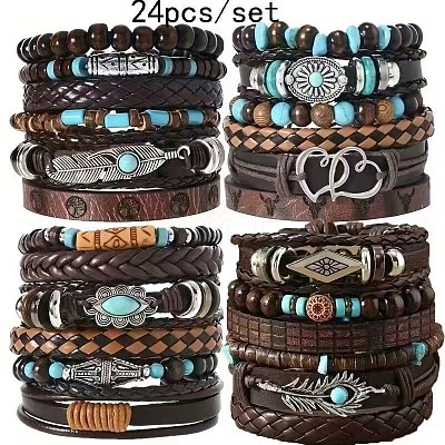 24Pcs 24 Styles Wood & Synthetic Turquoise Beaded Stretch Bracelets & Alloy Synthetic Turquoise Link Bracelets & Retro PU Leather Cord Bracelets for Men's FS-WG129F8-10-1