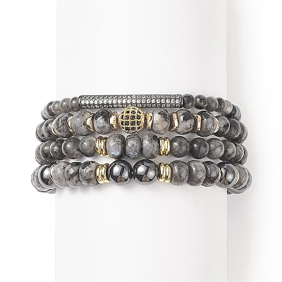4Pcs 4 Style Natural Larvikite & Synthetic Hematite Stretch Bracelets Set with Cubic Zirconia Column Beaded BJEW-JB08830-1