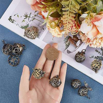 10Pcs 5 Styles Filigree Brass Cage Pendants KK-SC0003-77A-1