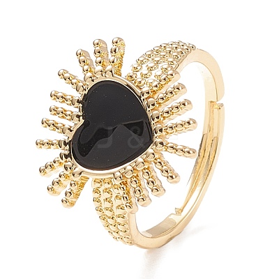 Black Cubic Zirconia Heart Sun Adjustable Ring RJEW-C028-03G-1