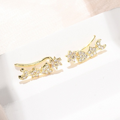 Brass Pave Cubic Zirconia Stud Crawler Earrings KK-CBAA351-11G-1