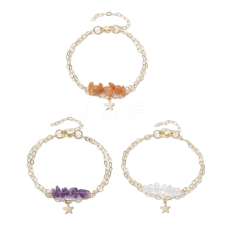 3Pcs 3 Styles Natural Red Aventurine & Natural Amethyst & Opalite Chip Multi-Strand Bracelet Sets BJEW-JB10500-1