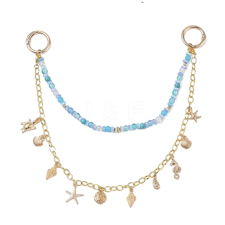 Alloy Sea Animals Charm Glass & Synthetic Turquoise Beaded Double Layer Brass Bag Decorative Chains HJEW-PH02289-1