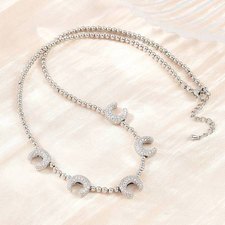 Brass Micro Pave Clear Cubic Zirconia Double Horn and Round Beaded Necklaces KK-CBA4547-06P-1