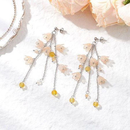 Acrylic Flower Tassel Stud Earrings EJEW-TA00648-03-1
