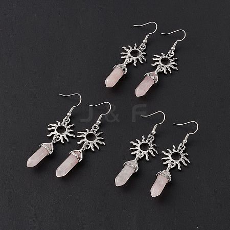 Natural Rose Quartz Bullet with Sun Dangle Earrings EJEW-I276-01P-19-1