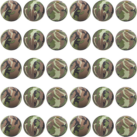 30pcs Round with Camouflage Pattern Silicone Focal Beads SIL-SC0002-03A-1