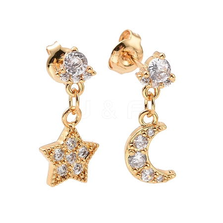 Clear Cubic Zirconia Moon & Star Dangle Stud Earrings EJEW-C030-10G-1