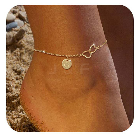 Brass Double Heart Link Flat Round Initial Charm Anklets for Women FS-WGA84B7-10-1