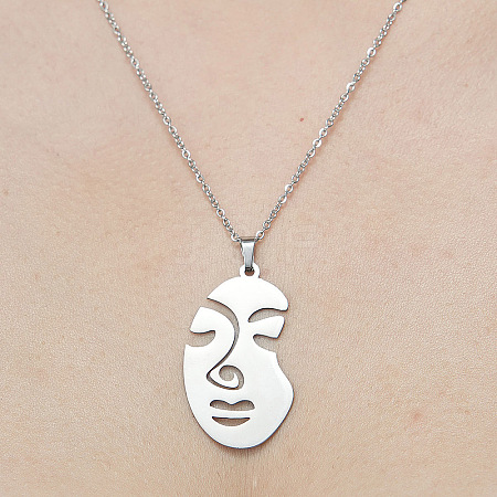 Non-Tarnish 201 Stainless Steel Hollow Abstract Face Pendant Necklace NJEW-OY001-83-1