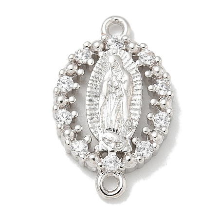 Rack Plating Brass Clear Cubic Zirconia Religion Oval Virgin Mary Connector Charms KK-L224-097P-1