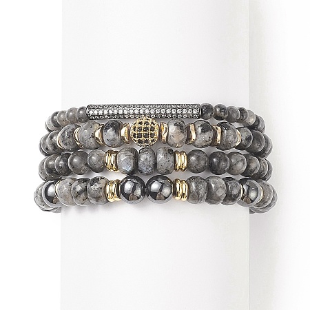 4Pcs 4 Style Natural Larvikite & Synthetic Hematite Stretch Bracelets Set with Cubic Zirconia Column Beaded BJEW-JB08830-1