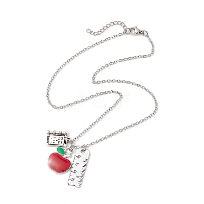 Teather's Day Alloy Red Apple Book Ruler Pendant Necklaces X1-NJEW-TA00185-1