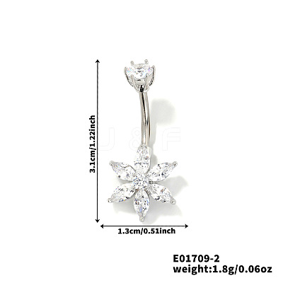 Brass Clear Cubic Zirconia Shiny Flower Curved Barbell Belly Button Rings for Daily Wear HB2528-2-1