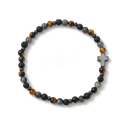 Natural Lava Rock & Tiger Eye & Synthetic Non-magnetic Hematite Beaded Stretch Bracelets for Women Men BJEW-JB13943-1
