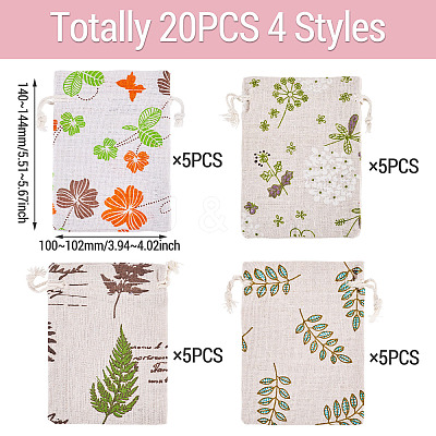 20Pcs 4 Styles Polycotton(Polyester Cotton) Printed Packing Pouches Drawstring Bags ABAG-TA0002-10-1