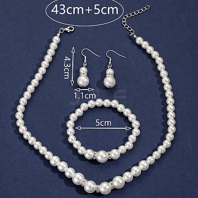 Round ABS Plastic Imitation Pearl Beaded Necklaces & Dangle Earring & Bracelets Sets FS-WG32AE8-01-1