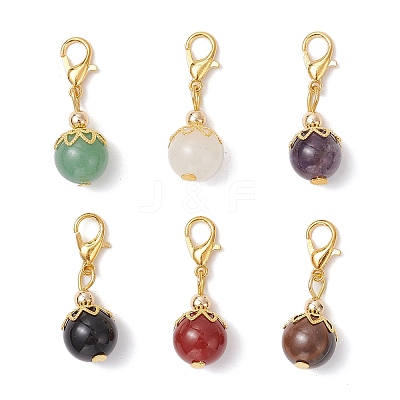 6Pcs Round Natural Black Onyx & Carnelian & Amethyst & Tiger Eye & Green Aventurine & White Jade Pendant Decorations HJEW-JM03831-01-1