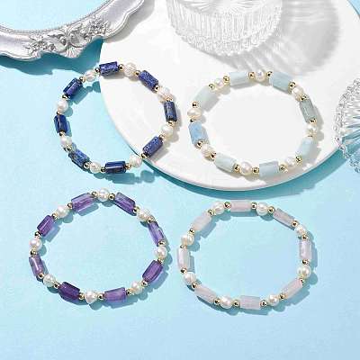 Column Natural Mixed Gemstone & Pearl Beaded Stretch Bracelet BJEW-JB10068-1