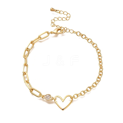 Heart Brass Micro Pave Clear Cubic Zirconia Cable Chain Bracelets For Women Girl BJEW-L696-011G-1