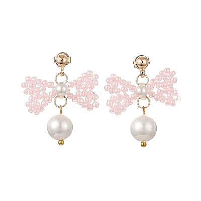 Glass Seed Bead and Shell Pearl Bead Dangle Earrings EJEW-MZ00766-01-1