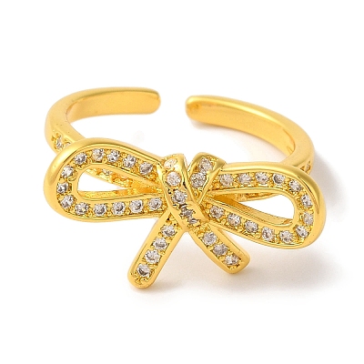Bowknot Brass Micro Pave Clear Cubic Zirconia Open Cuff Rings for Women RJEW-C098-27G-1