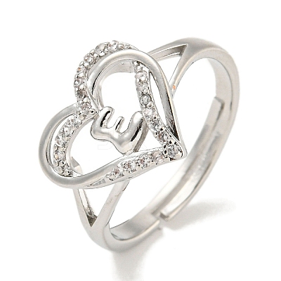 Heart with Letter Rack Plating Brass Micro Pave Clear Cubic Zirconia Adjustable Rings for Women RJEW-I105-01P-E-1