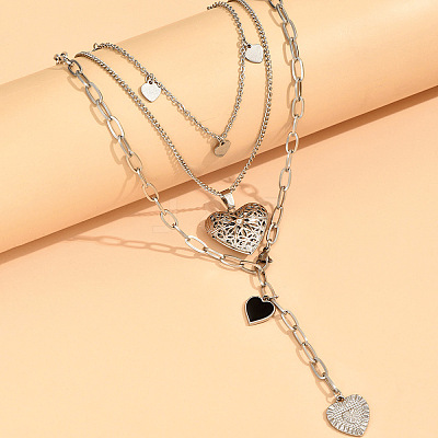2Pcs Heart Brass Black Enamel Pendant 3 Layer Necklaces for Women FS-WGFF7B3-01-1