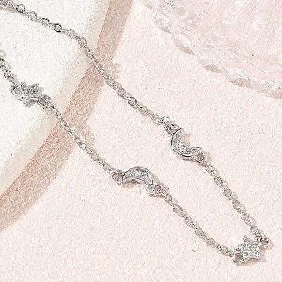 Brass Micro Pave Clear Cubic Zirconia Moon Star Link Chain Bracelets KK-CBA6980-28P-1