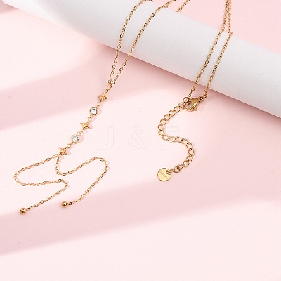304 Stainless Steel Crystal Rhinestone Flat Round Star Pendant Y Tassel Lariat Necklaces for Women NJEW-F378-03G-1