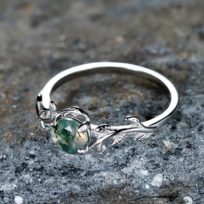 Oval & Leaf 925 Sterling Silver with Moss Agate Finger Rings FS-WGF1EFD-03-1