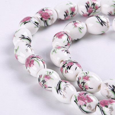 Handmade Flower Printed Porcelain Ceramic Beads Strands PORC-J006-D08-1