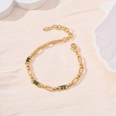 Oval & Paperclip Brass Micro Pave Cubic Zirconia Link Chain Bracelets for Women BJEW-D458-01G-05-1