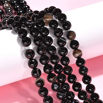 Round Dyed & Heated Natural Black Agate Beads Strands G-G582-8mm-07-1