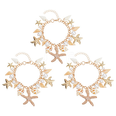 3Pcs Natural Conch Shell & Alloy Starfish & CCB Plastic Pearl Charm Bracelet BJEW-PH0004-35-1