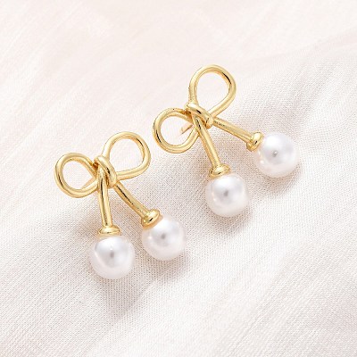 Cherry Brass ABS Plastic Pearl Stud Earrings EJEW-U062-03G-01-1