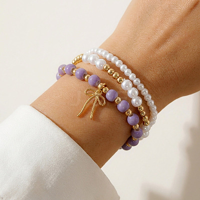 3Pcs 3 Styles Imitation Pearl & CCB Plastic Beads Stretch Bracelets WG0B162-01-1