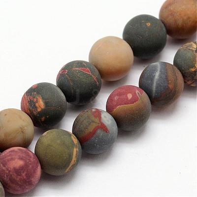 Natural Polychrome Jasper/Picasso Stone/Picasso Jasper Frosted Bead Strands G-O155-03A-6mm-1