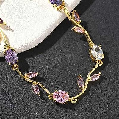 Brass Micro Pave Cubic Zirconia Oval & Leaf Link Chain Bracelets for Women BJEW-G764-05G-01-1