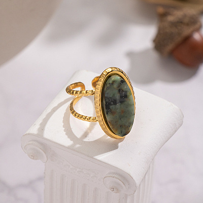 304 Stainless Steel with Natural Gemstone Cuff Open Rings for Women LS-FS3382-1